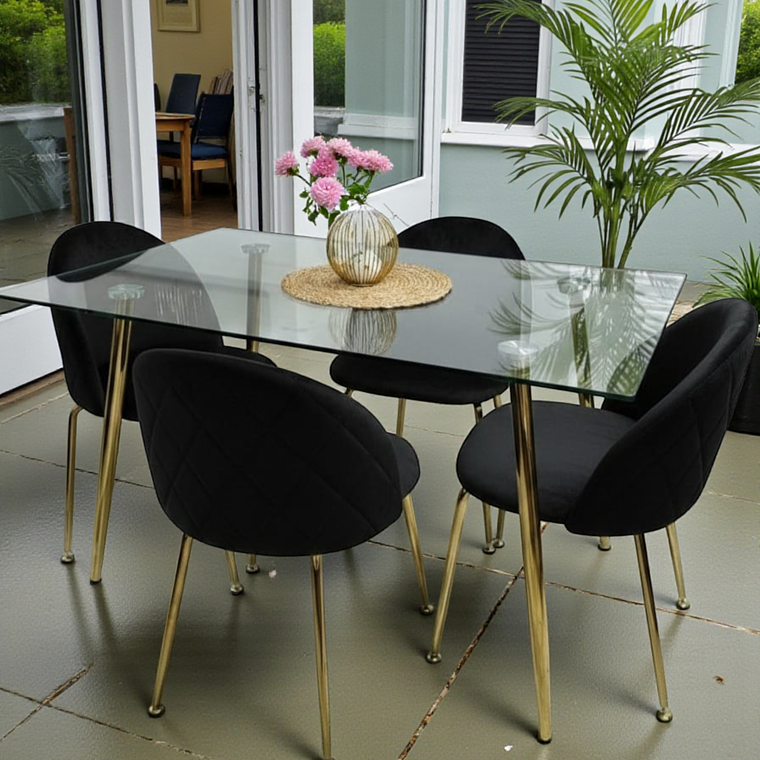 Comedor Mesa Rectangular Vidrio Paris Gold + Sillas Luxury Gold 3