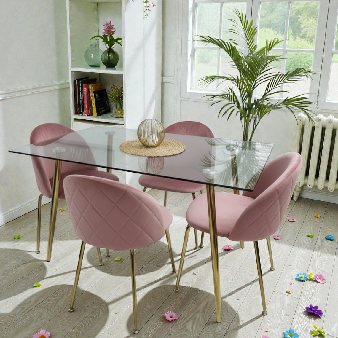Comedor Mesa Rectangular Vidrio Paris Gold + Sillas Luxury Gold 4