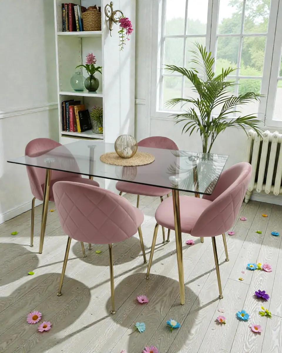 Comedor Mesa Rectangular Vidrio  Paris Gold con Sillas Luxury Gold 4