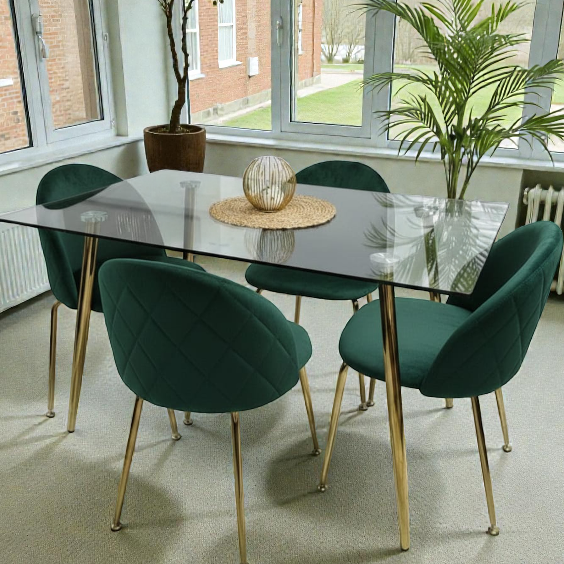 Comedor Mesa Rectangular Vidrio Paris Gold + Sillas Luxury Gold 5