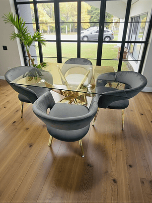 Comedor Mesa Rectangular Vidrio Hellen Gold 140x80 cm + Sitial Siena Gold