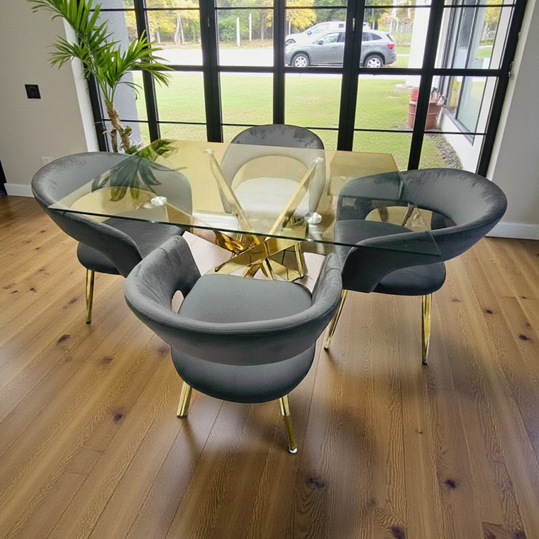 Comedor Mesa Rectangular Vidrio Hellen Gold 140x80 cm + Sitial Siena Gold 1