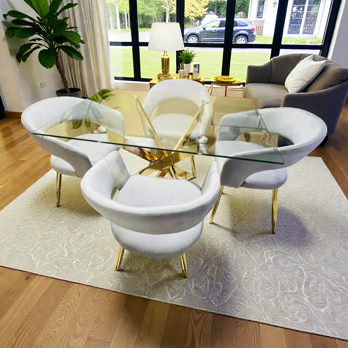 Comedor Mesa Rectangular Vidrio Hellen Gold 140x80 cm + Sitial Siena Gold 2