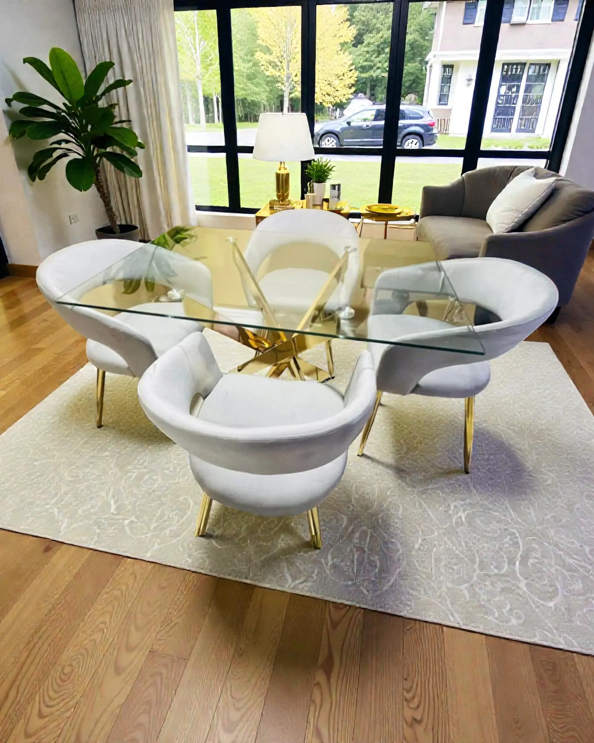 Comedor Mesa Rectangular Vidrio Hellen Gold con Sitial Siena Gold 2