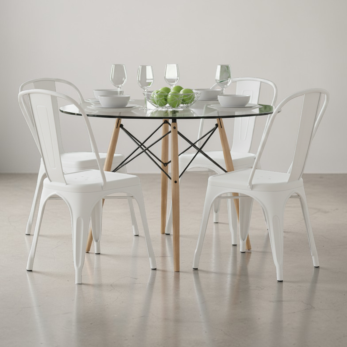 Comedor Mesa Redonda Vidrio Eames + Sillas Tolix 4