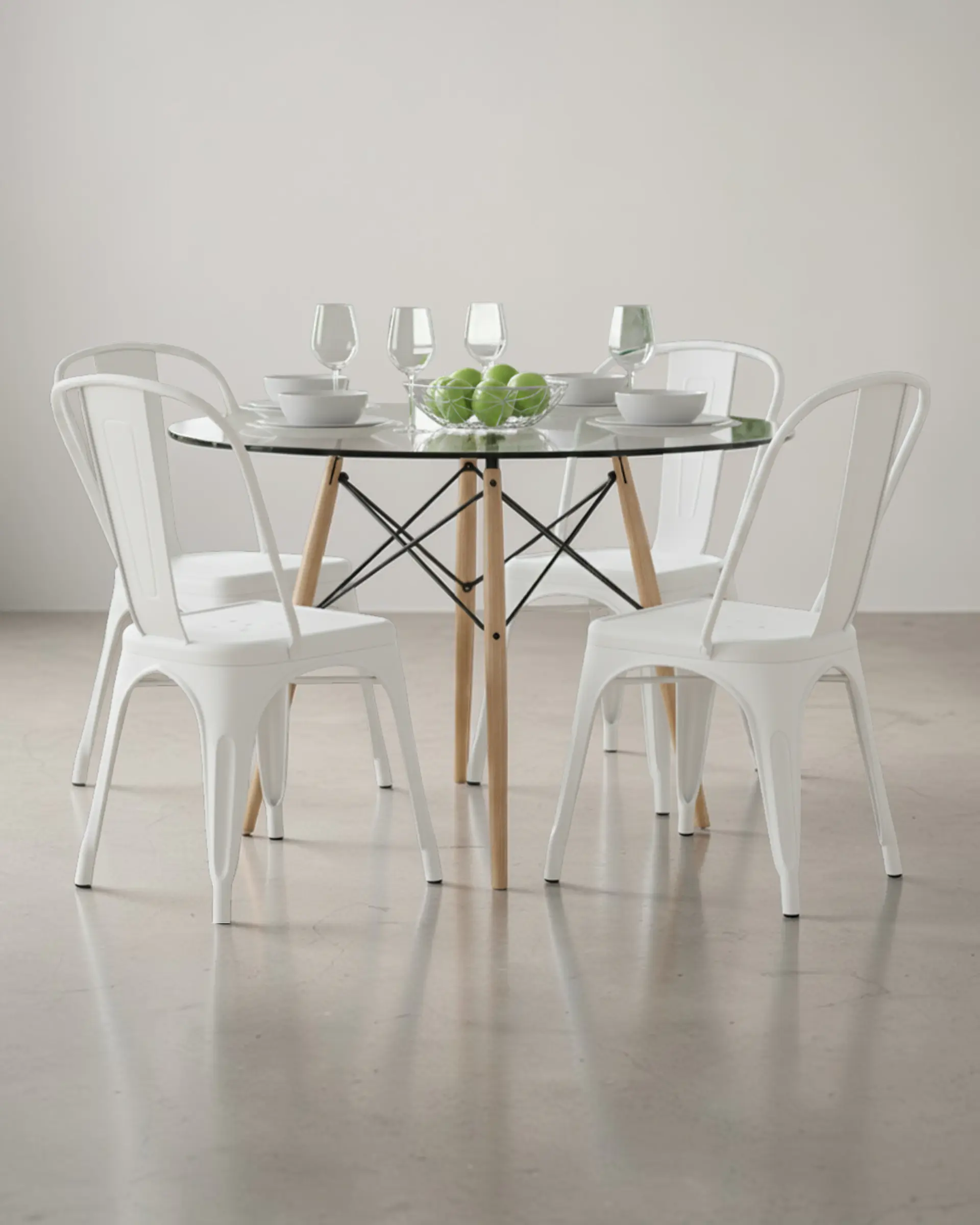 Comedor Redondo Vidrio Eames con Sillas Tolix 3