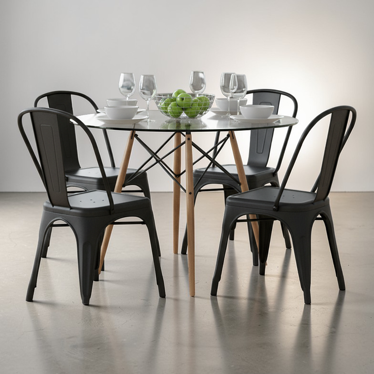 Comedor Mesa Redonda Vidrio Eames + Sillas Tolix 5