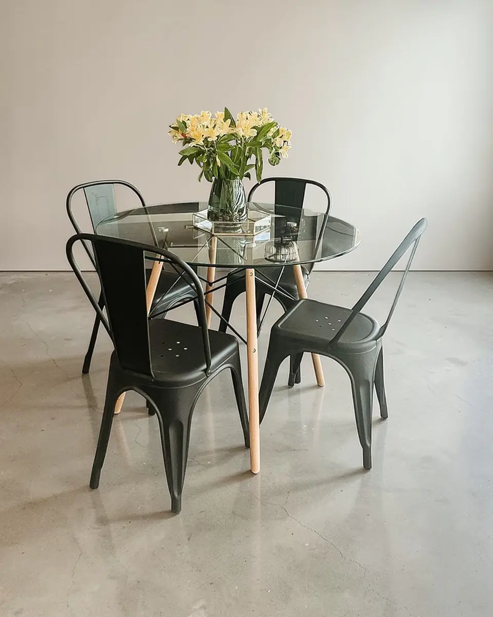 Comedor Redondo Vidrio Eames con Sillas Tolix 2