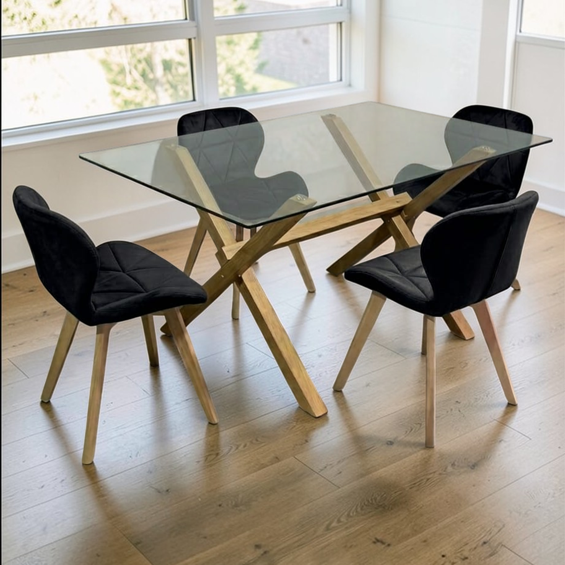 Comedor Mesa Rectangular Vidrio Elite 140x90 cm + Sillas Radar Velvet 1