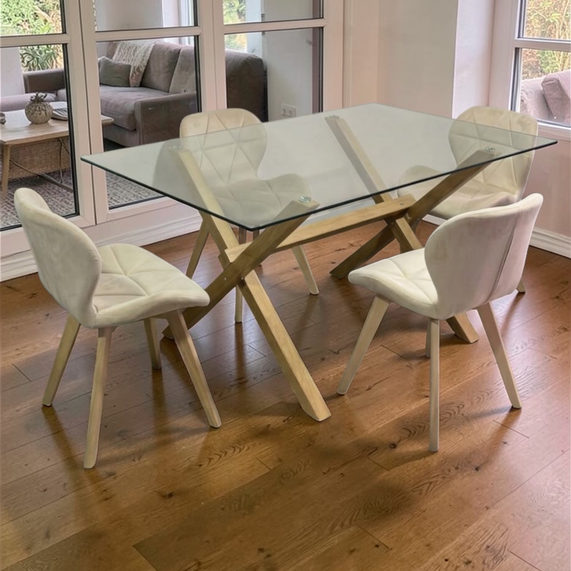 Comedor Mesa Rectangular Vidrio Elite 140x90 cm + Sillas Radar Velvet 3