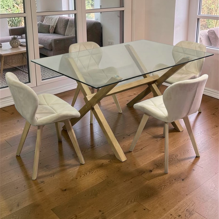 Comedor Mesa Rectangular Vidrio Elite 140x90 cm + Sillas Radar Velvet 3