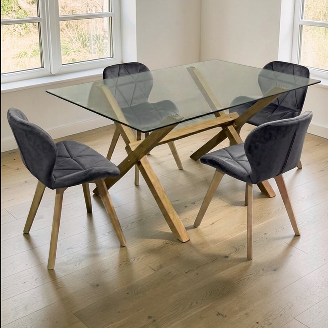 Comedor Mesa Rectangular Vidrio Elite 140x90 cm + Sillas Radar Velvet 4