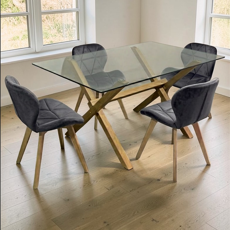 Comedor Mesa Rectangular Vidrio Elite 140x90 cm + Sillas Radar Velvet 4