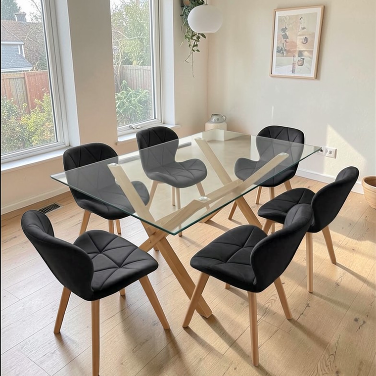 Comedor Mesa Rectangular Vidrio Elite 140x90 cm + Sillas Radar Velvet 6