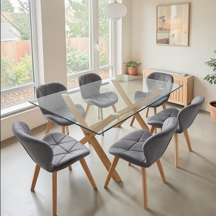 Comedor Mesa Rectangular Vidrio Elite 140x90 cm + Sillas Radar Velvet 7