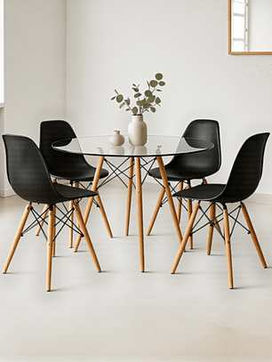 Comedor Mesa Redonda Vidrio Eames 100 cm + 4 Sillas Eames