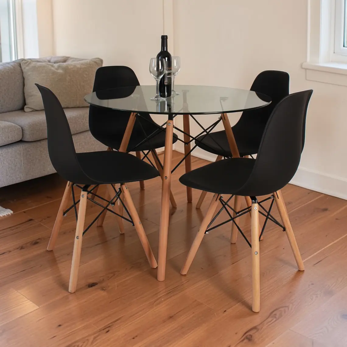 Comedor Mesa Redonda Vidrio Eames 80 cm + 4 Sillas Eames 3