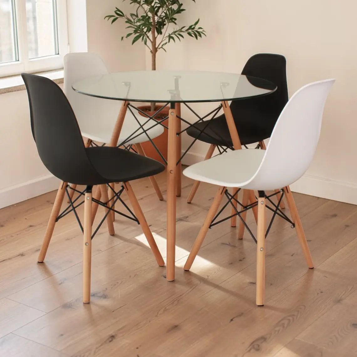 Comedor Mesa Redonda Vidrio Eames 80 cm + 4 Sillas Eames 1