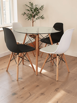 Comedor Mesa Redonda Vidrio Eames 80 cm + 4 Sillas Eames
