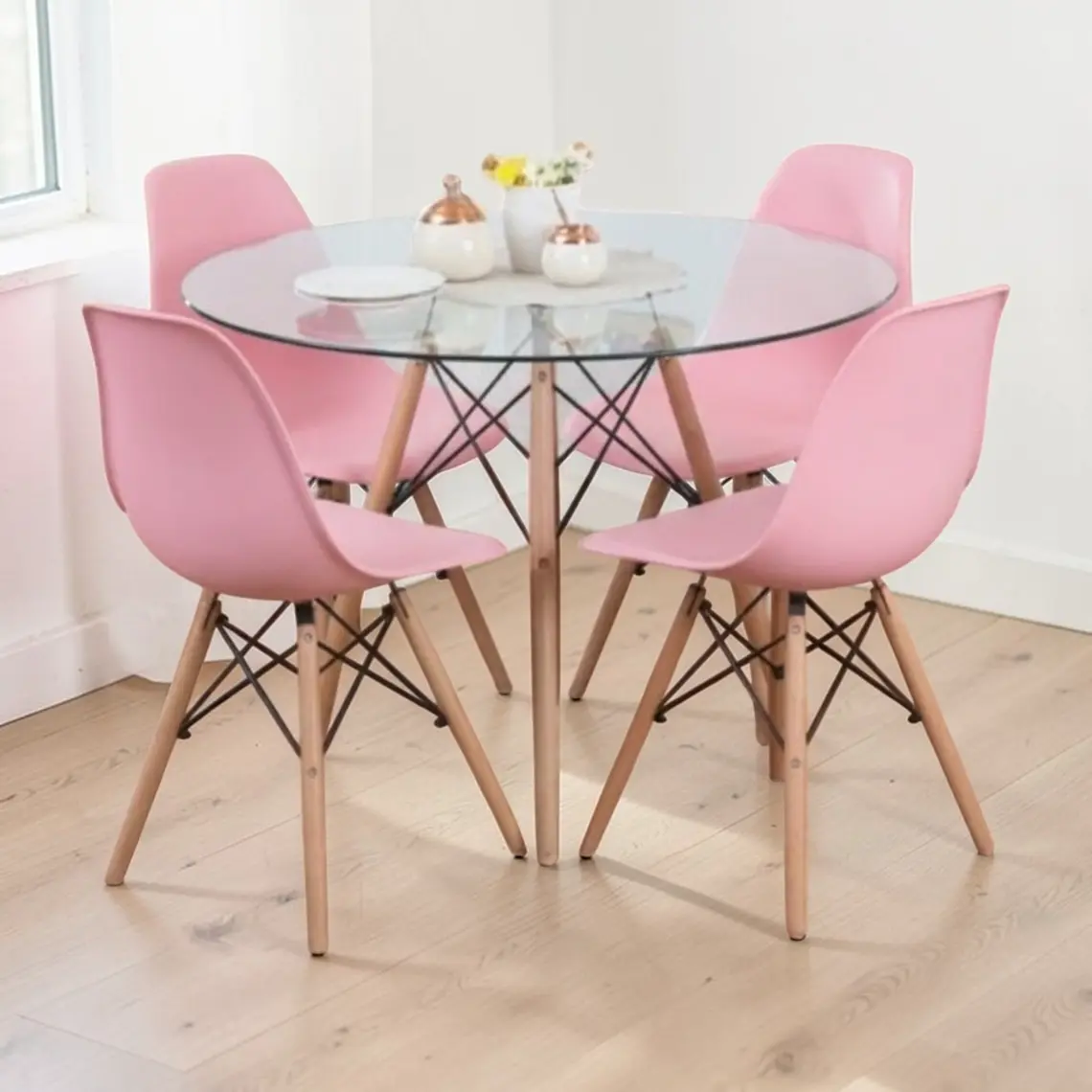 Comedor Mesa Redonda Vidrio Eames 80 cm + 4 Sillas Eames 6