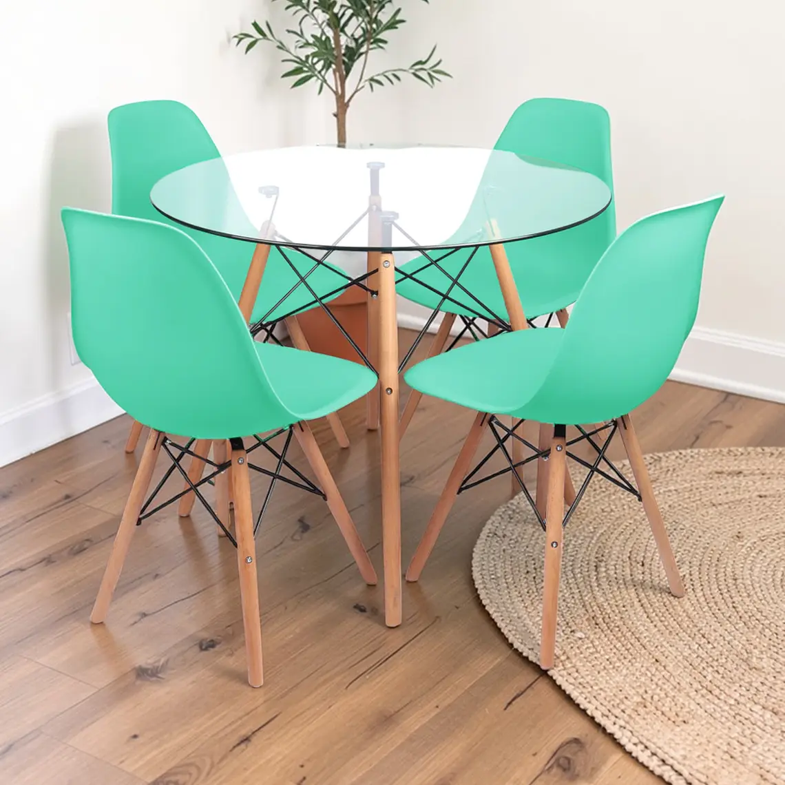 Comedor Mesa Redonda Vidrio Eames 80 cm + 4 Sillas Eames 5