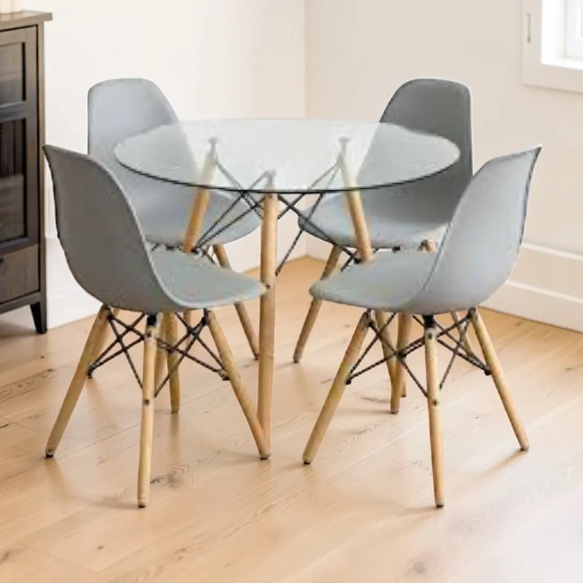 Comedor Mesa Redonda Vidrio Eames 80 cm + 4 Sillas Eames 4