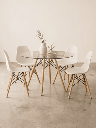 Comedor Mesa Redonda Vidrio Eames 100 cm + 4 Sillas Eames