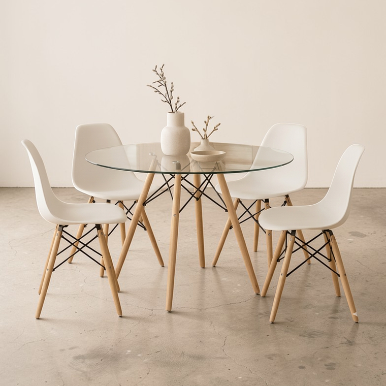 Comedor Mesa Redonda Vidrio Eames 100 cm + 4 Sillas Eames 2