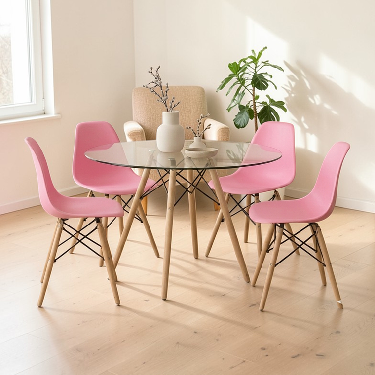 Comedor Mesa Redonda Vidrio Eames 100 cm + 4 Sillas Eames 3