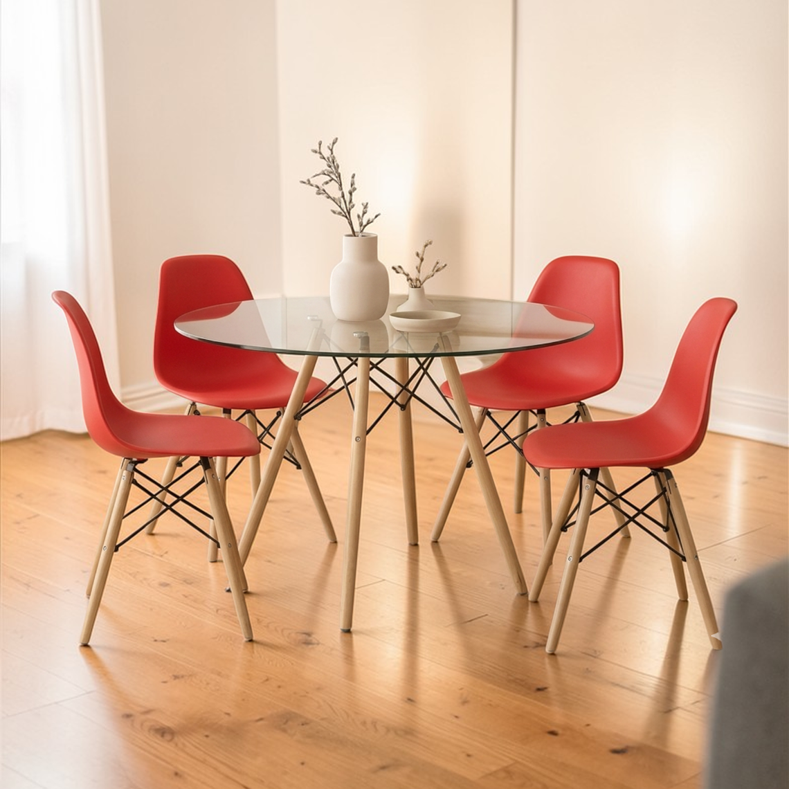 Comedor Mesa Redonda Vidrio Eames 100 cm + 4 Sillas Eames 4