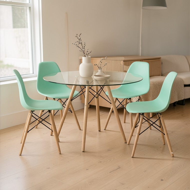 Comedor Mesa Redonda Vidrio Eames 100 cm + 4 Sillas Eames 5