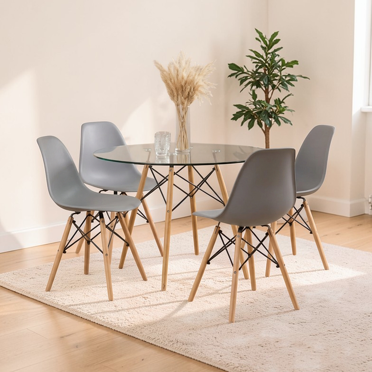 Comedor Mesa Redonda Vidrio Eames 100 cm + 4 Sillas Eames 6