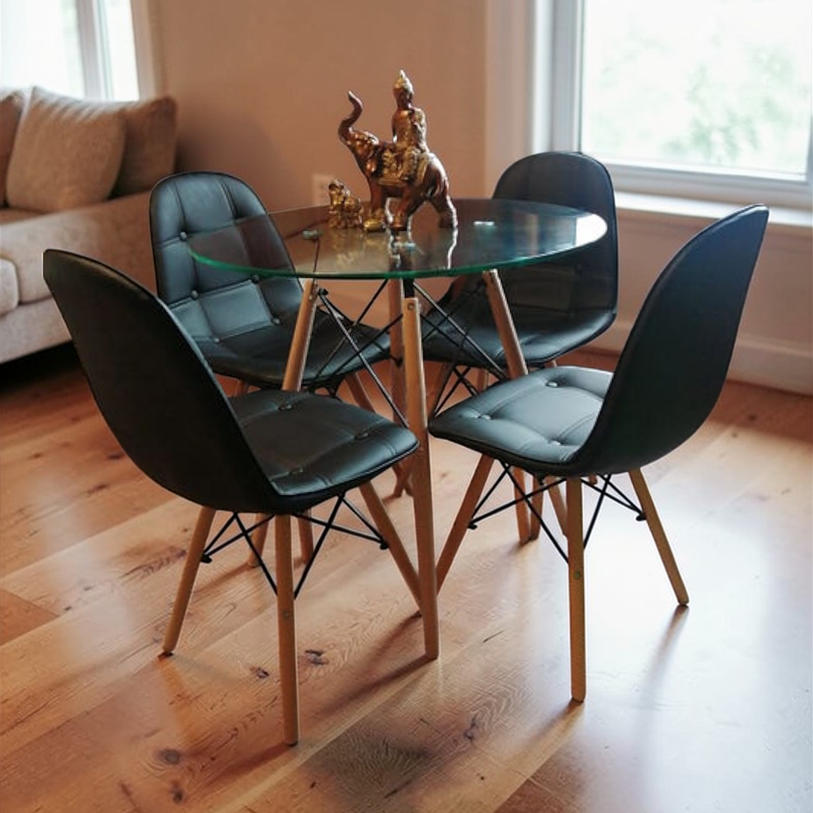 Comedor Mesa Redonda Vidrio Eames 80 cm + 4 Sillas Buckle 1