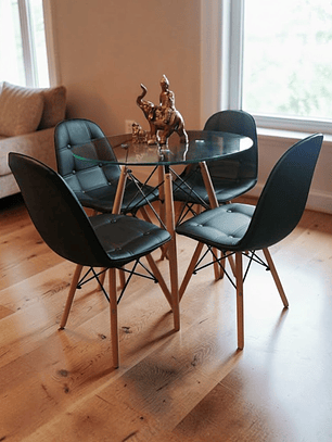 Comedor Mesa Redonda Vidrio Eames 80 cm + 4 Sillas Buckle