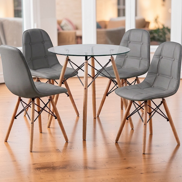 Comedor Mesa Redonda Vidrio Eames 80 cm + 4 Sillas Buckle 3