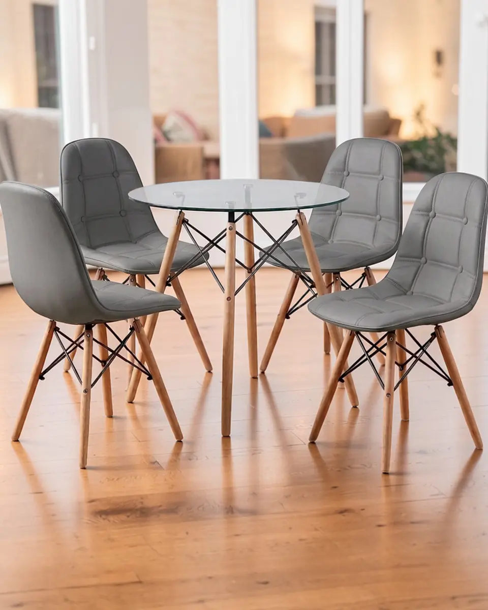 Comedor Redondo Vidrio Eames con Sillas Buckle 3