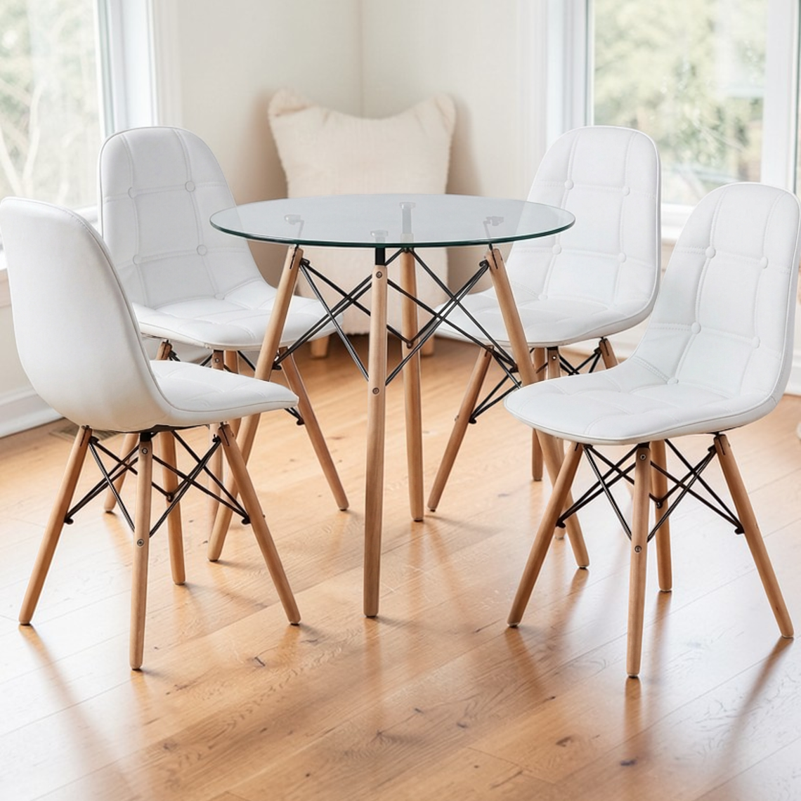 Comedor Mesa Redonda Vidrio Eames 80 cm + 4 Sillas Buckle 2