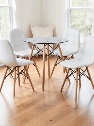Comedor Mesa Redonda Vidrio Eames 80 cm + 4 Sillas Buckle