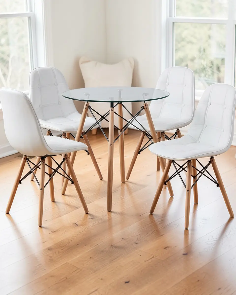 Comedor Redondo Vidrio Eames con Sillas Buckle 2