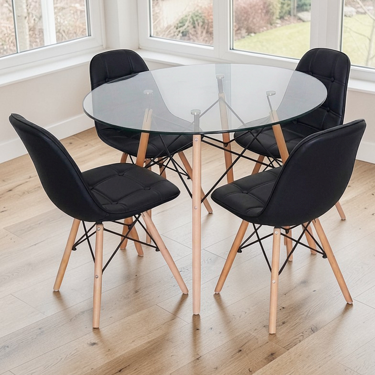 Comedor Mesa Redonda Vidrio Eames 100 cm + 4 Sillas Buckle 3
