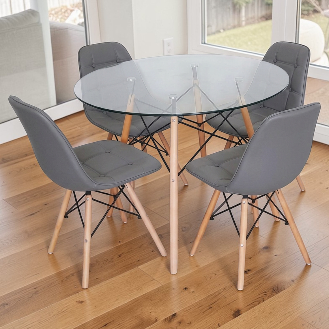 Comedor Mesa Redonda Vidrio Eames 100 cm + 4 Sillas Buckle 1