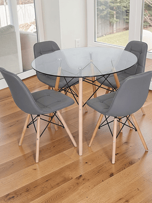 Comedor Mesa Redonda Vidrio Eames 100 cm + 4 Sillas Buckle