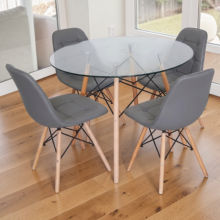 Comedor Mesa Redonda Vidrio Eames 100 cm + 4 Sillas Buckle 1