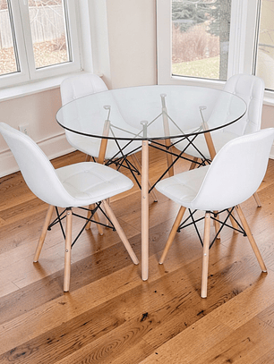 Comedor Mesa Redonda Vidrio Eames 100 cm + 4 Sillas Buckle