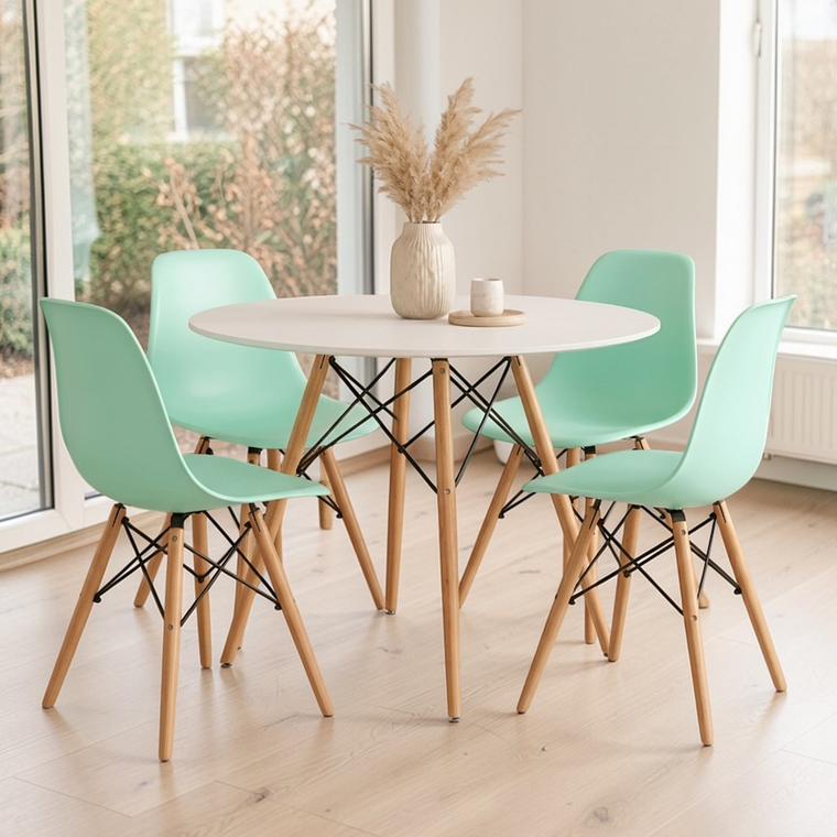 Comedor Mesa Redonda Melamina Eames Blanca 100 cm + Sillas Eames 1