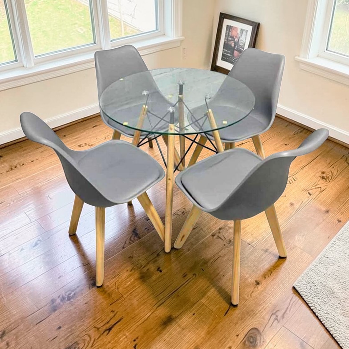 Comedor Mesa Redonda Vidrio Eames 80 cm + 4 Sillas Tulip 1