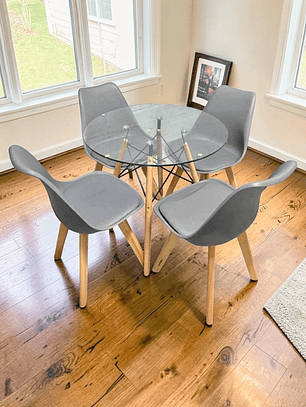 Comedor Mesa Redonda Vidrio Eames 80 cm + 4 Sillas Tulip