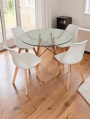 Comedor Mesa Redonda Vidrio Eames 80 cm + 4 Sillas Tulip