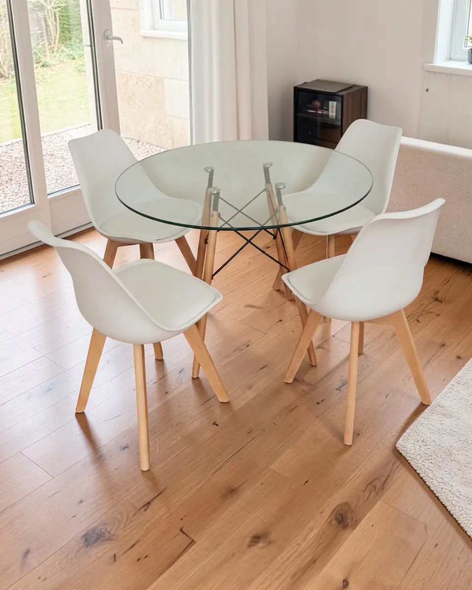 Comedor Redondo Vidrio Eames con Sillas Tulip 2