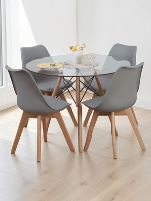 Comedor Mesa Redonda Vidrio Eames 100 cm + 4 Sillas Tulip